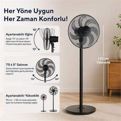 Kumtel KTF-760 Siyah 16 İnç Ayaklı Vantilatör 50 W,7 Pervaneli,3 Kademeli, 130 cm Yükseklik
