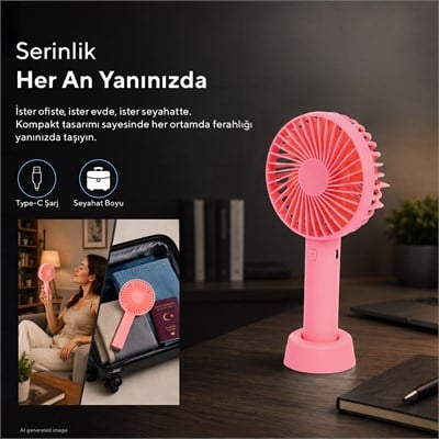 Kumtel Şarj Edilebilir Mini El Vantilatörü | Type-C Şarjlı | 3 Kademeli | 400 mAh HFF-03C