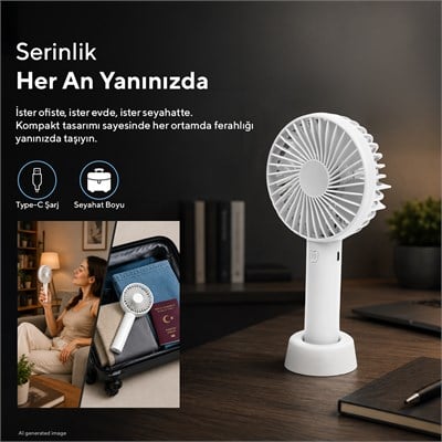 Kumtel Şarj Edilebilir Mini El Vantilatörü | Type-C Şarjlı | 3 Kademeli | 400 mAh HFF-01C