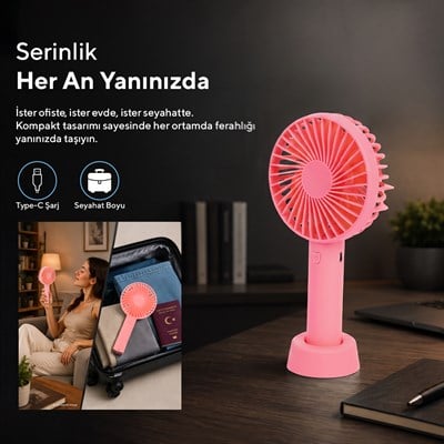 Kumtel Şarj Edilebilir Mini El Vantilatörü | Type-C Şarjlı | 3 Kademeli | 400 mAh HFF-03C