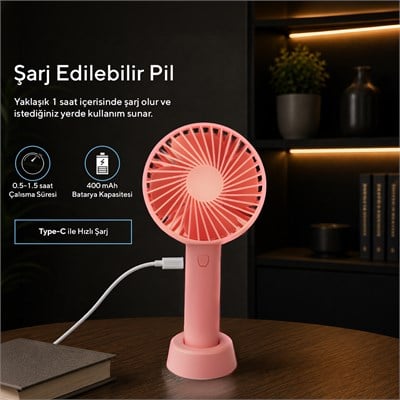 Kumtel Şarj Edilebilir Mini El Vantilatörü | Type-C Şarjlı | 3 Kademeli | 400 mAh HFF-03C