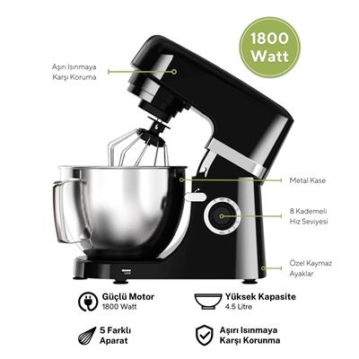 Kumtel Siyah Hamur Yoğurma 1800Watt 4.5Lt Dondurma Yapma Aprt. SM-02