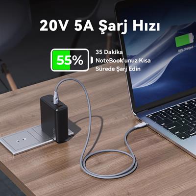 VOLTME C2060 Powerlink Rugg 100W Type-C Şarj Kablosu 1M 5A- Gri