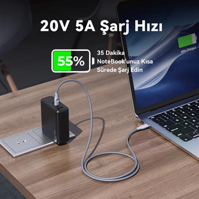 VOLTME C2064 Powerlink Rugg 100W Type-C Şarj Kablosu 1.8M 5A- Gri