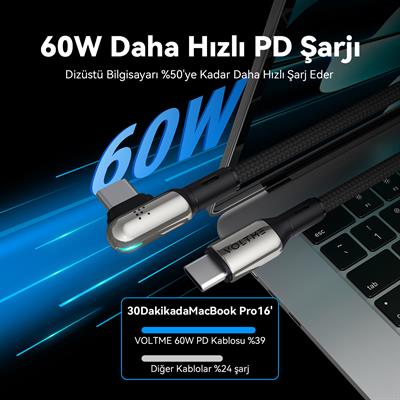 VOLTME C2070 Stark 60W Type-C Şarj Kablosu 2M 3A-Siyah