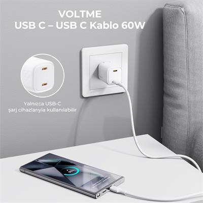 VOLTME C2273 60W USB-C to USB-C Hızlı Şarj ve Veri Kablosu 2 Metre – Beyaz