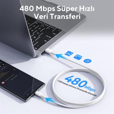 VOLTME C2285 60W USB-A to USB-C Hızlı Şarj ve Veri Kablosu 1.2 Metre – Beyaz