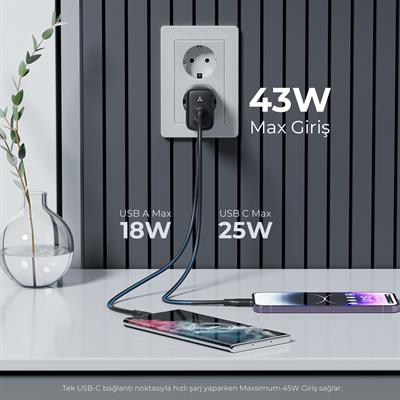 VOLTME V2113 Revo Siyah 45W CA GaN Şarj Aleti