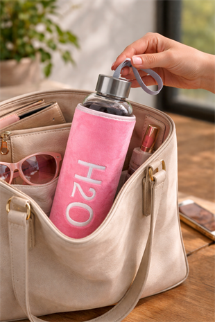 H2O Peluş Kılıflı Cam Matara 600 ml – Koyu Pembe