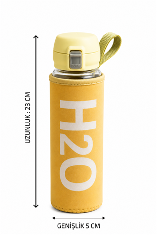 H2O Yazılı Kılıflı Kilit Kapak 500 ml Cam Matara  – Sarı