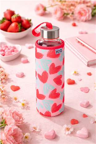 H2O Kırmızı Kalp Desenli Kılıflı Cam Şişe 