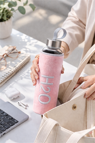 H2O Peluş Kılıflı Cam Matara 600 ml – Açık Pembe