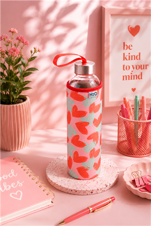 H2O Desenli Kilifli 750 Ml Cam Matara * Kalp