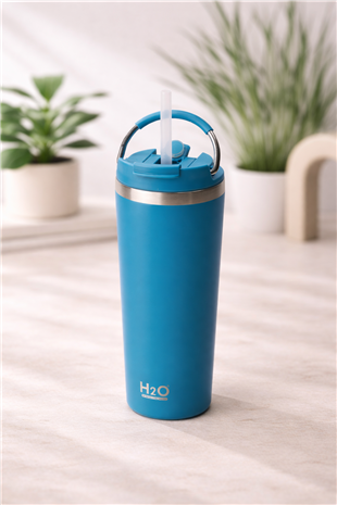 H2O Kulplu Çelik Pipetli Termos Kupa 660 ml – Mavi