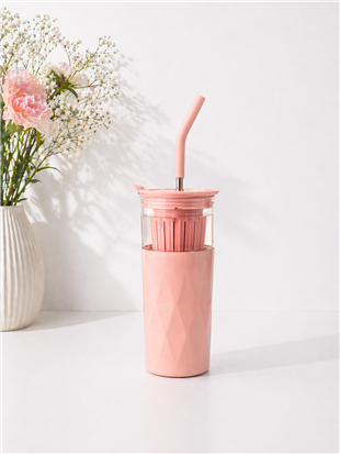 H2O Detoks Hazneli Çelik Pipetli Termos Kupa – Pembe