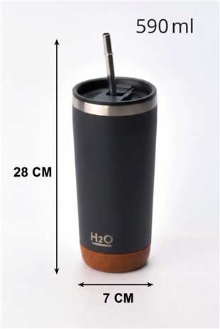 H2O Çelik Pipetli Termos Kupa 590 ml – Siyah