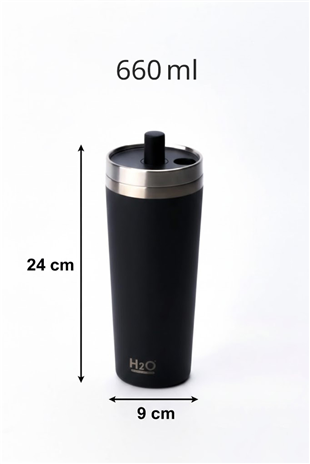 H2O Kapaklı Çelik Pipetli Termos Kupa 660 ml – Siyah