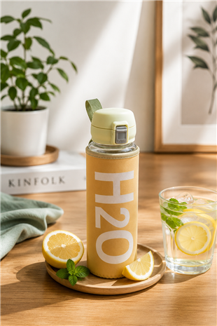 H2O Yazılı Kılıflı Kilit Kapak 500 ml Cam Matara  – Sarı