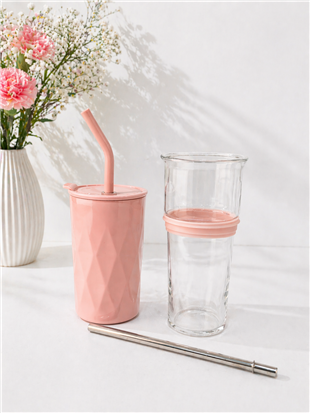 H2O Detoks Hazneli Çelik Pipetli Termos Kupa – Pembe