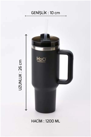 H2O Kulplu Pipetli Termos Kupa 1200 ml – Siyah