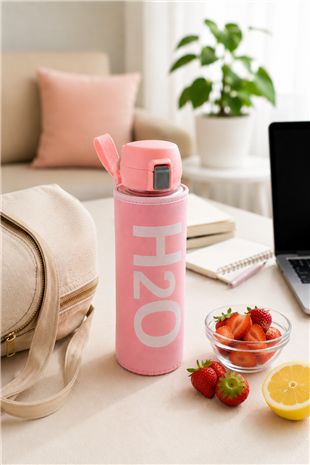 H2O Yazılı Kılıflı Kilit Kapak 500 ml Cam Matara  –  Pembe