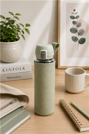 H2O Deri Kılıflı Kilit Kapak 500 ml Cam Matara  – Mint Yeşili