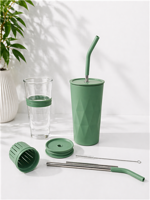 H2O Detoks Hazneli Çelik Pipetli Termos Kupa – Yeşil