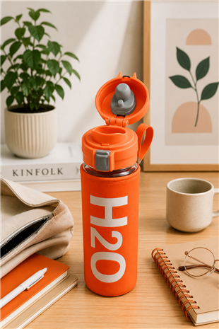 H2O Yazılı Kılıflı Kilit Kapak 500 ml Cam Matara  – Turuncu