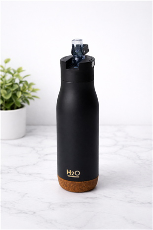 H2O Açılır Kapaklı Çelik Termos Matara 540 ml – Siyah 
