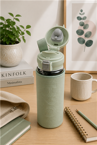 H2O Deri Kılıflı Kilit Kapak 500 ml Cam Matara  – Mint Yeşili