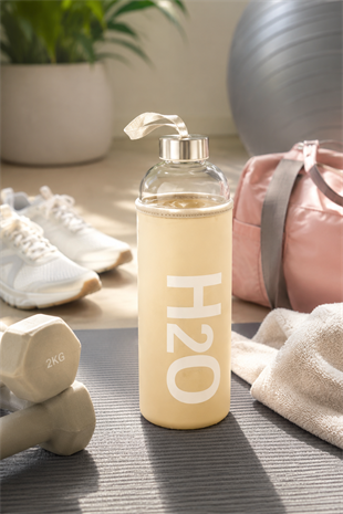 H2O Pastel Renkli Kılıflı Cam Matara 1L  – Krem