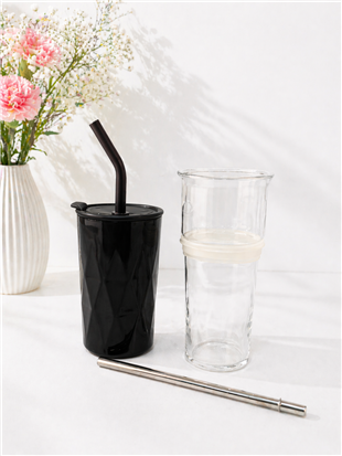 H2O Detoks Hazneli Çelik Pipetli Termos Kupa – Siyah