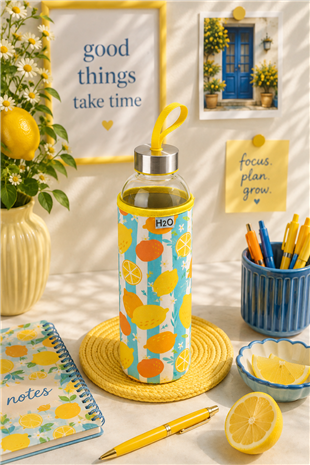 H2O Desenli Kilifli 750 Ml Cam Matara * Limon