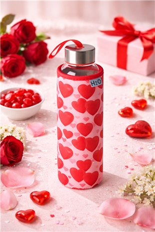 H2O Kalp Desenli Kılıflı Cam Şişe 