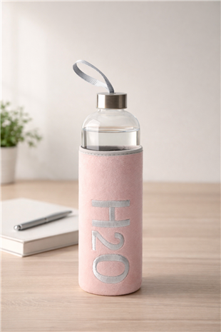 H2O Peluş Kılıflı Cam Matara 1 L – Açık Pembe