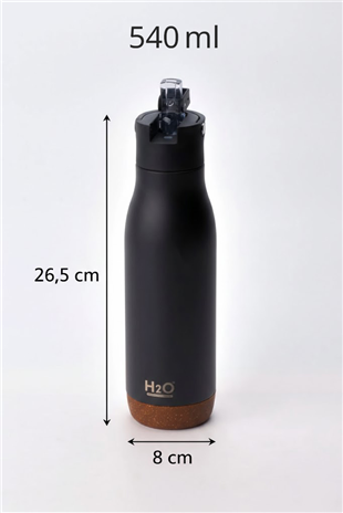 H2O Açılır Kapaklı Çelik Termos Matara 540 ml – Siyah 