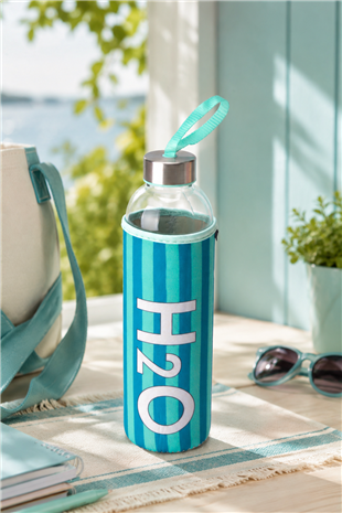 H2O Desenli Kilifli 750 Ml Cam Matara * Çizgi