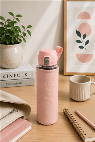 H2O Deri Kılıflı Kilit Kapak 500 ml Cam Matara  – Pembe
