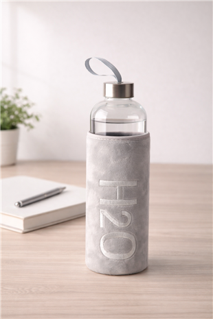 H2O Peluş Kılıflı Cam Matara 1 L – Gri