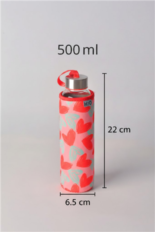 H2O Kırmızı Kalp Desenli Kılıflı Cam Şişe 