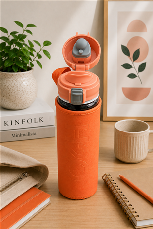 H2O Deri Kılıflı Kilit Kapak 500 ml Cam Matara  – Turuncu