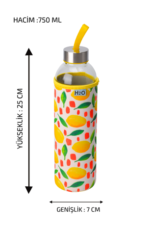 H2O Desenli Kilifli 750 Ml Cam Matara * Limon