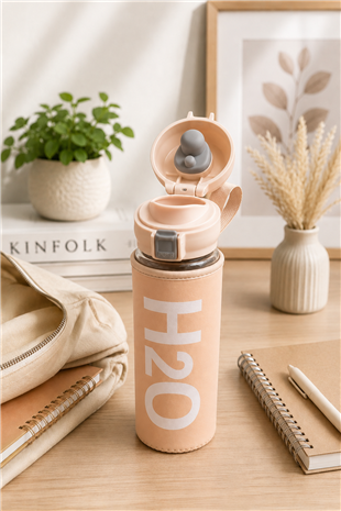 H2O Yazılı Kılıflı Kilit Kapak 500 ml Cam Matara  – Açık Pembe