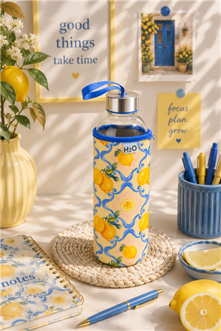 H2O Desenli Kilifli 750 Ml Cam Matara * Limon