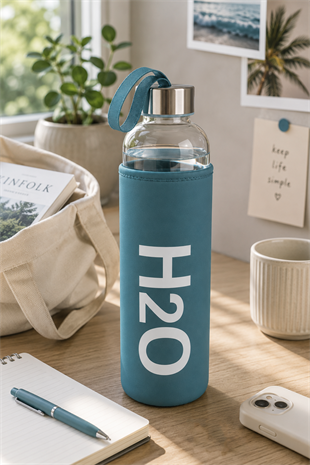 H2O Pastel Renkli Kılıflı Cam Matara 1L  – Mavi