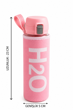 H2O Yazılı Kılıflı Kilit Kapak 500 ml Cam Matara  –  Pembe
