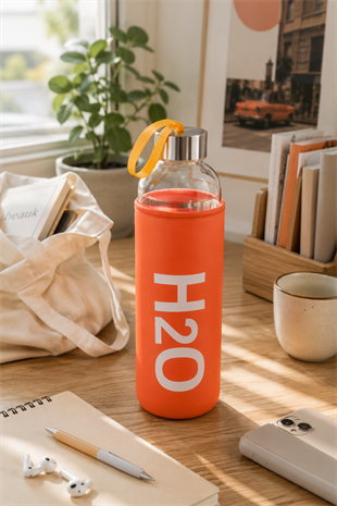 H2O Renkli Kılıflı Cam Matara 1L  –Turuncu
