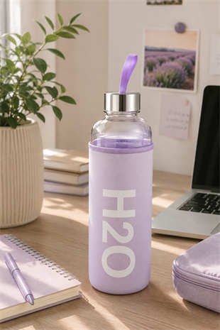 H2O Pastel Renkli Kılıflı Cam Matara 1L  – Lila
