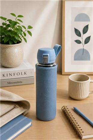 H2O Deri Kılıflı Kilit Kapak 500 ml Cam Matara  – Mavi