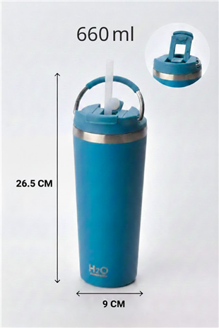 H2O Kulplu Çelik Pipetli Termos Kupa 660 ml – Mavi